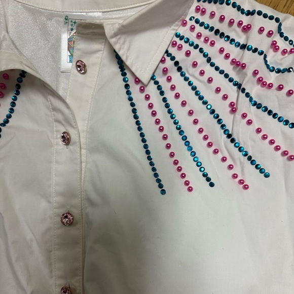 QOS NWOT Cotton Pink and Blue Pearl Button Up Bubble Top - Picture 2 of 2